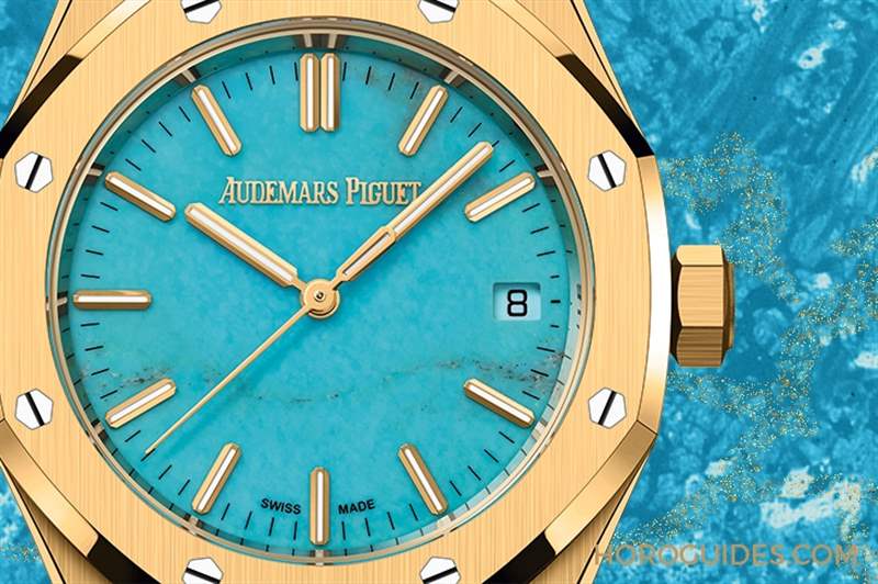 愛彼Royal Oak皇家橡樹自動上鏈腕表,黃金表殼搭配天然綠松石表面-復刻表