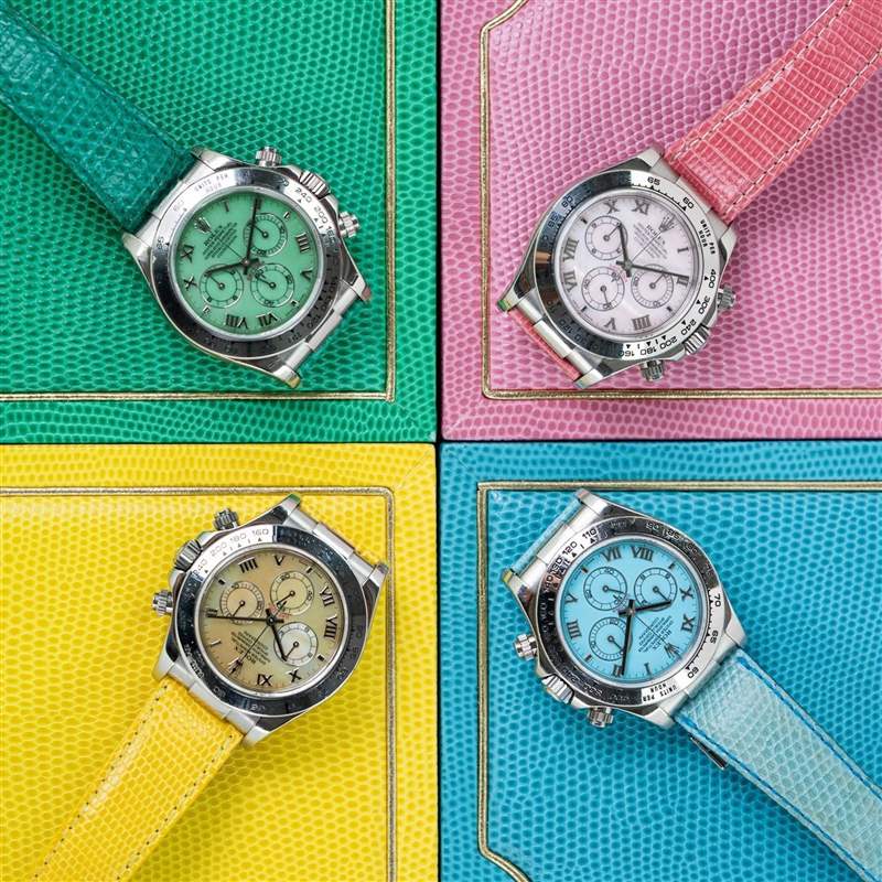 勞力士于2000年全新進化的Daytona登場之際,一口氣推出四色的「海灘」特別版。 (Source:amsterdamvintagewatches) Rolex Daytona Beach特別版手表綠松石面盤20年后身價大躍進!-復刻表